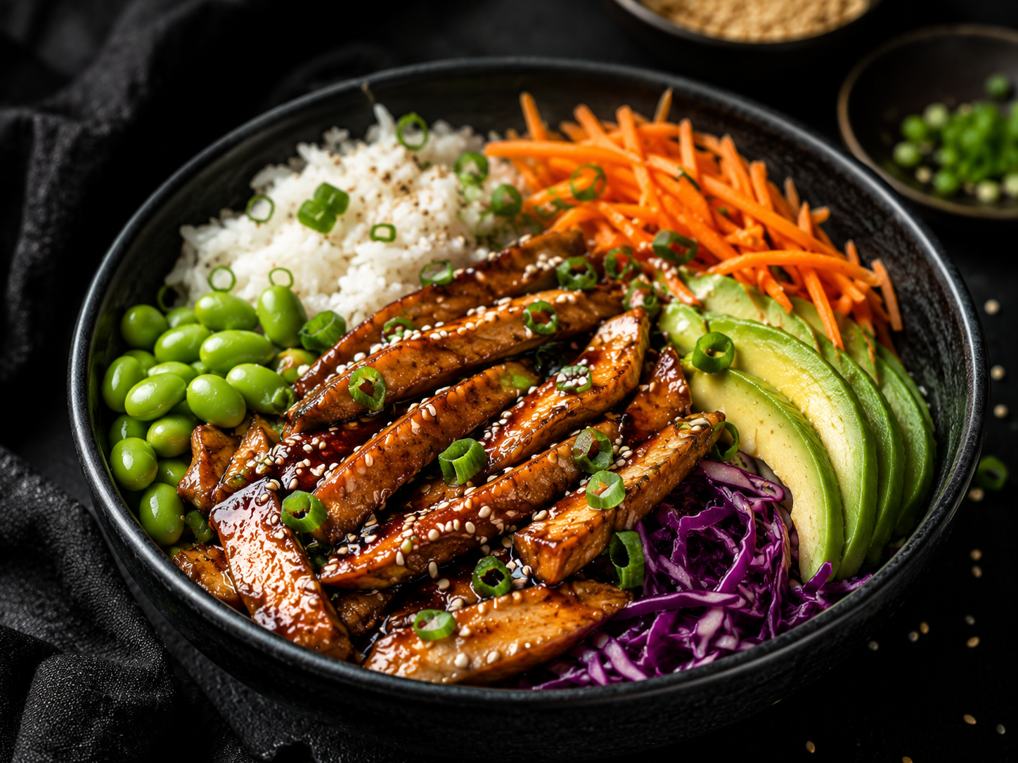 Bowl asiático con proteína Brotes glaseada, arroz, palta, edamame y verduras